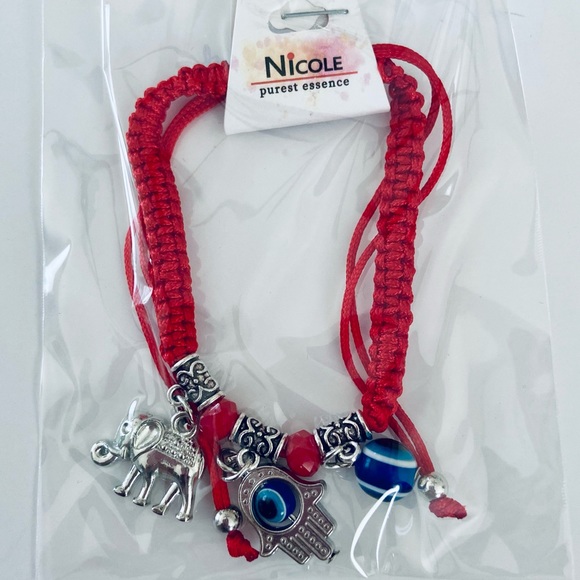 NWT🧿Red/Silver Evil Eye, Hamsa Hand&Good Luck Elephant Charm Adjust. Bracelet - Picture 1 of 4